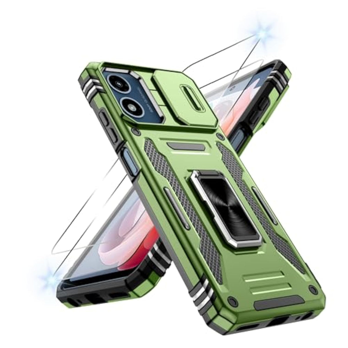 For Moto G 5G 2024 Case With [2Pcs] Hd Screen Protector, [Military Grade Shockproof] & Slide Camera Cover, 360° Rotated Ring Kickstand Protective Case For Moto G 5G 2024,Olive Green
