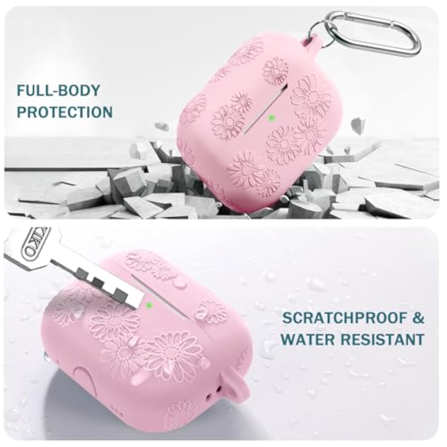 For Airpods Pro 2 Case Cover, Cute Floral Embossed Soft Silicone Full Protective Cover Accessories With Cleaning Kit & Keychain Compatible With Apple Airpod Pro Case For Women,Pink