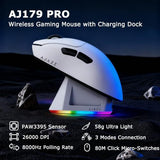 Aj179Pro Paw3395 26000 Dpi Gaming Mouse, 8000Hz Polling Rate, 58G Ultra-Light, Tri-Mode (2.4G/Wired/Bluetooth 5.2), Magnetic Rgb Charging Dock, Ergonomic Right-Hand Design, White