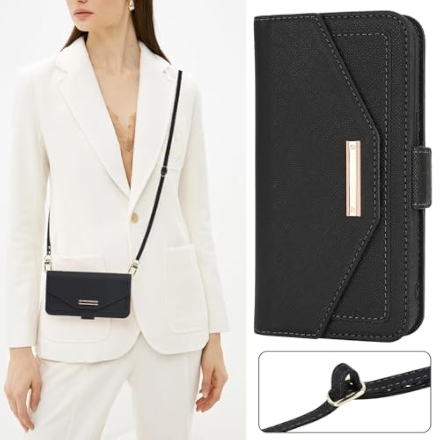 Crossbody Wallet For Iphone 16E Case With Strap,2025,Credit Card Holder,Adjustable Shouler Lanyard, 6.1",Pu Leather Handbag Purse Kickstand Make Up Mirror Cover Case For Women Girl,Black