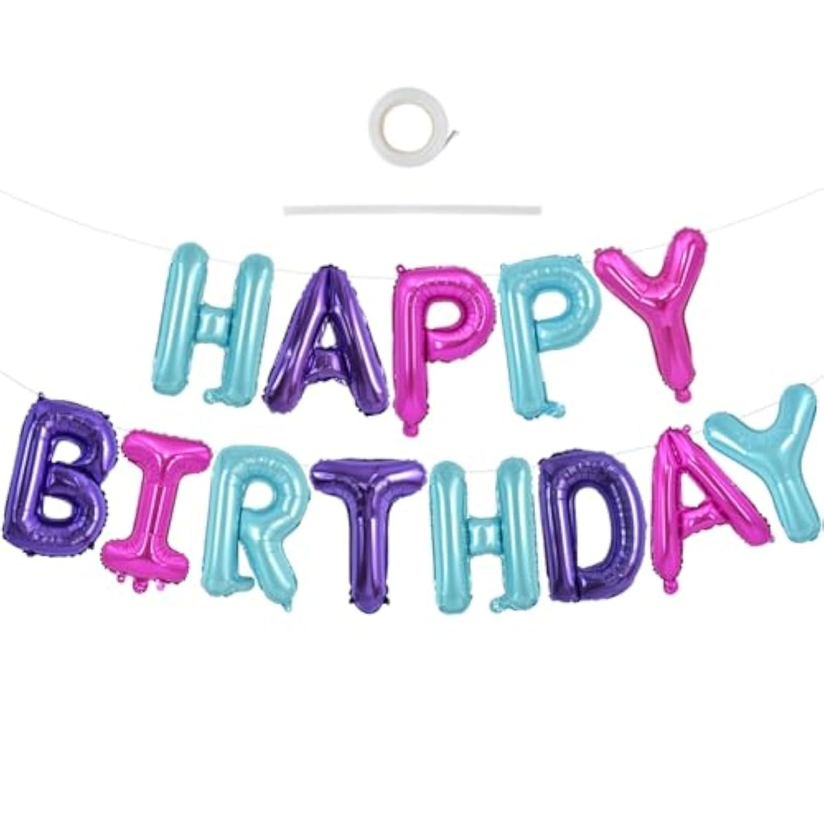 Happy Birthday Balloons Banner With Ribbon Straw,16 Inch Mylar Letters Birthday Sign Banner Balloon Bunting Reusable For Girls Kids & Adults Birthday Halloween Supplies?Blue Purple Pink?