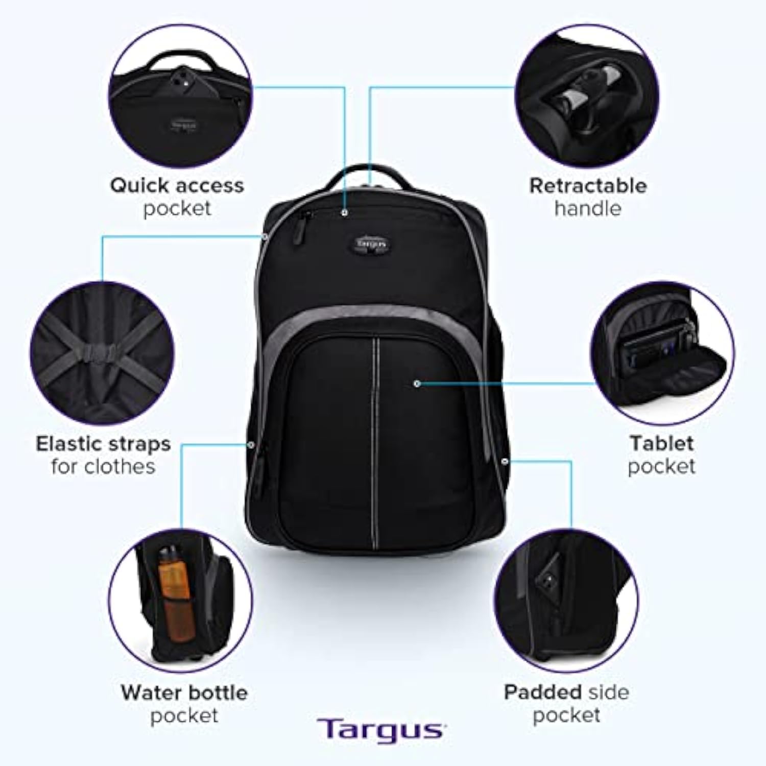 Targus 16 Inch Compact Rolling Backpack, Black - Wheeled Travel Bag with Removable Protective Laptop Sleeve, Fits Laptops Up to 16” and MacBook Pros up to 17” (TSB750US)