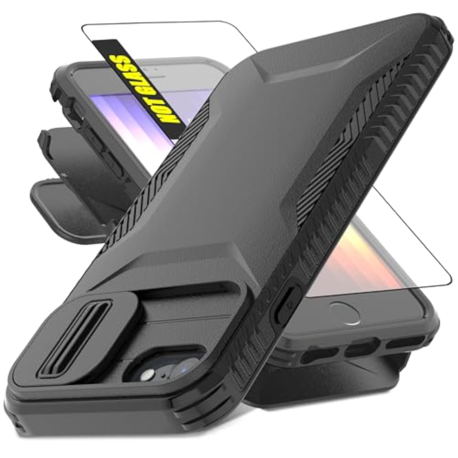 Heavy Duty Rugged Shockproof Protective Case for iPhone SE 2022/2020/3rd/2nd, iPhone 8/7 - 2 in 1 Built-in Slide Camera Cover & Screen Protector, Black, 4.7"