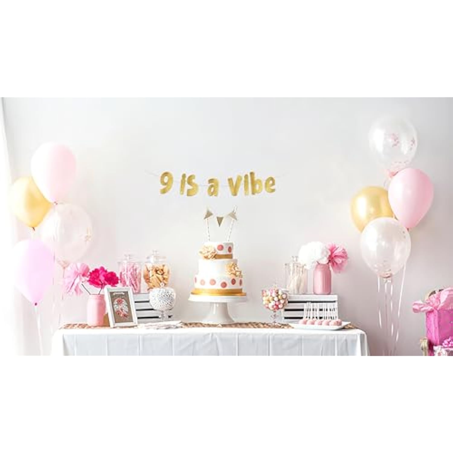 9 Is A Vibe Gold Glitter Banner - 9Th Birthday Decorations For Him Or Her - Party Supplies And Gifts