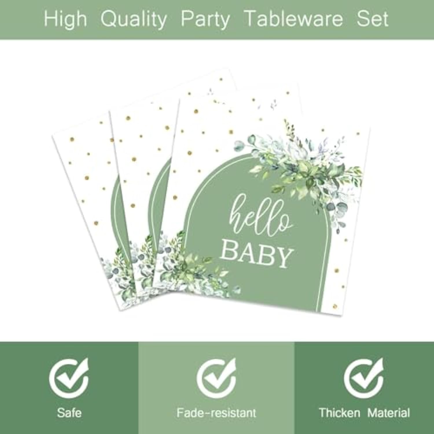 96 Pcs Sage Green Baby Shower Plates And Napkins, Neutral Baby Shower Disposable Dinnerware Set For Eucalyptus Leaf Baby Girl Boy Party Tableware Serves 24