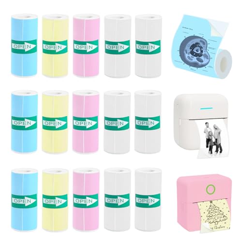 15 Rolls Thermal Sticker Paper For Mini Printer Sticker Maker, Including 9 Colored And 6 White Self-Adhesive Mini Printer Sticker Paper, 57 X 25 Mm