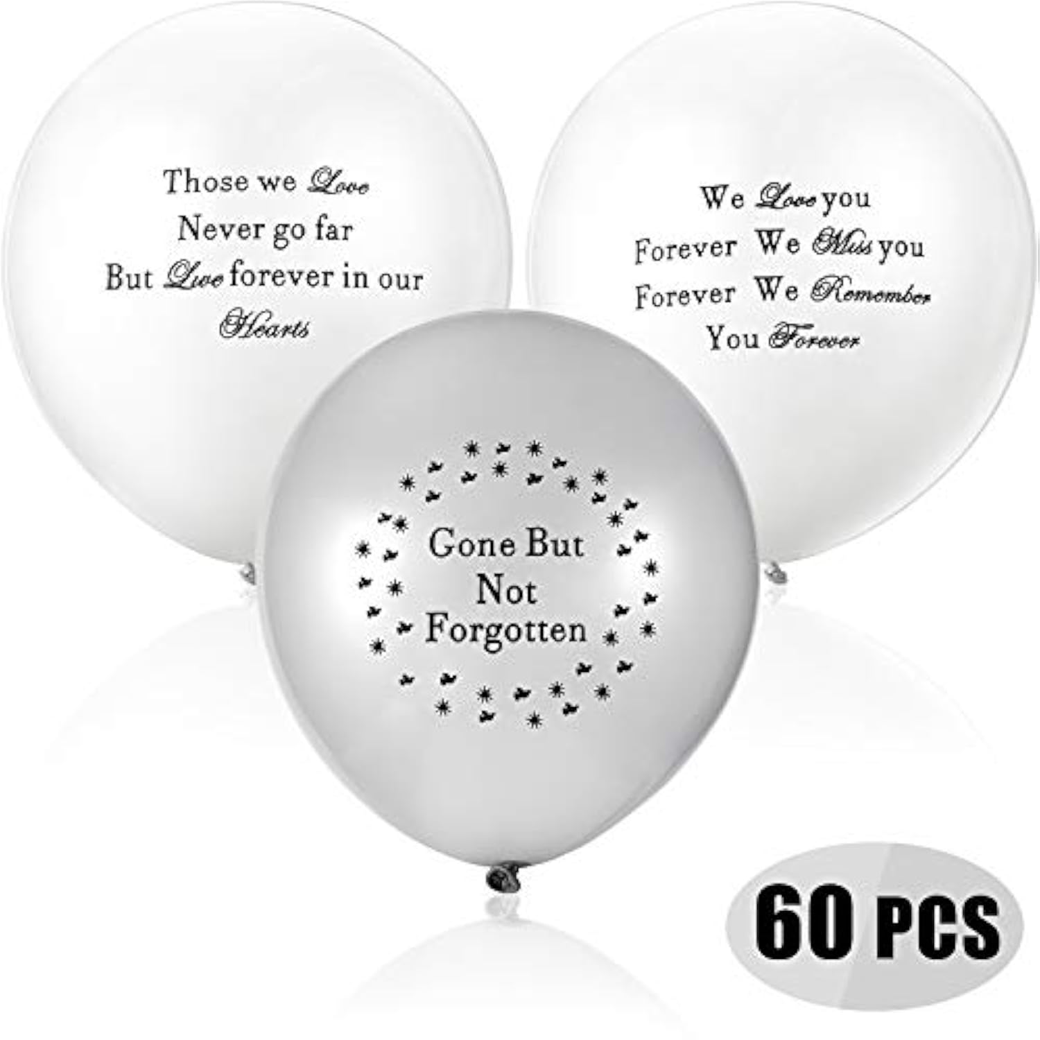 60 Memorial Balloons – White & Silver Remembrance Balloons for Funerals, Celebration of Life