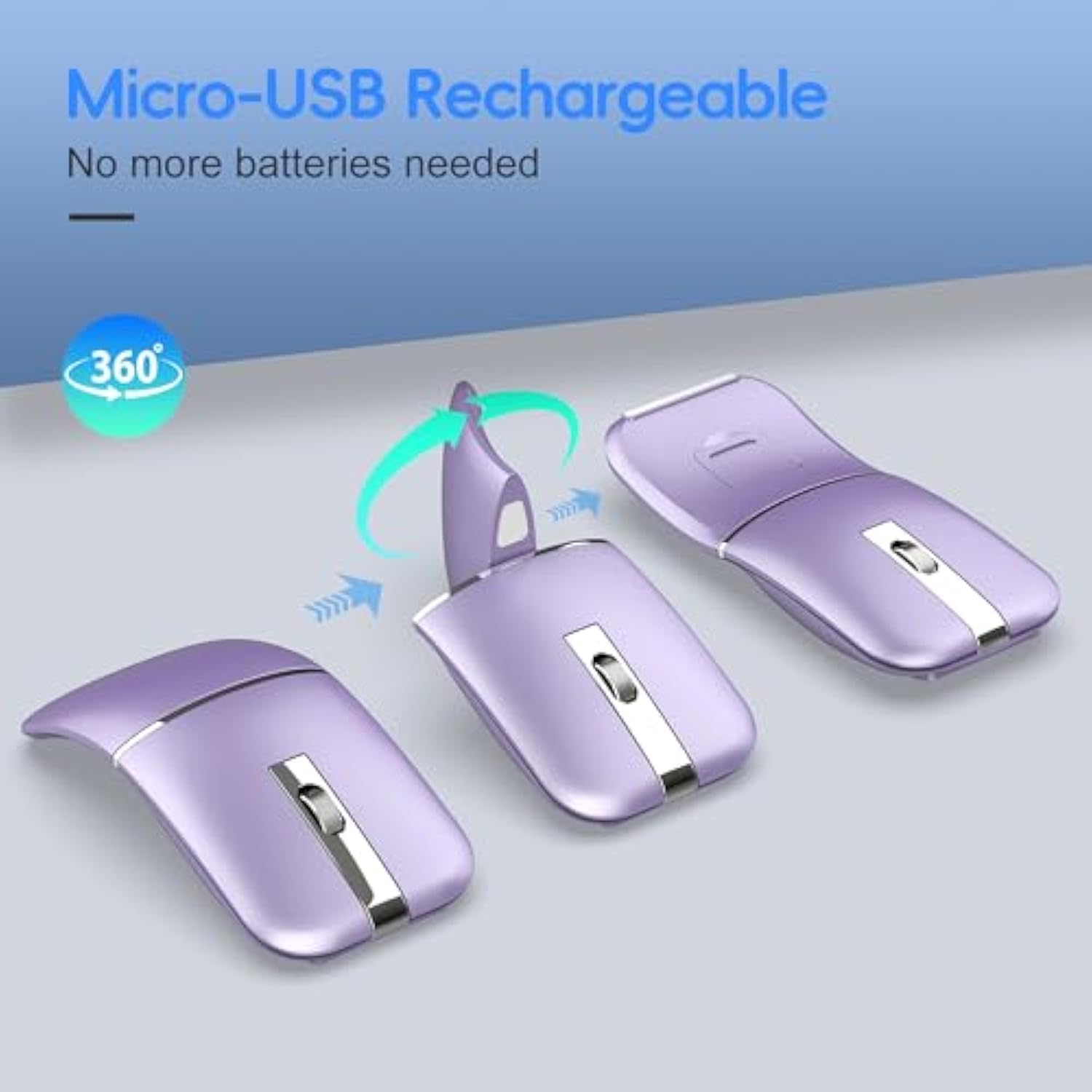 Foldable Bluetooth Travel Mouse,Wireless Portable 2.4G Arc Mice,Multi-Device (Bluetooth+2.4G),360° Rotating Rechargeable Flat Mice For Desktop Pc Laptops Tablets-Purple