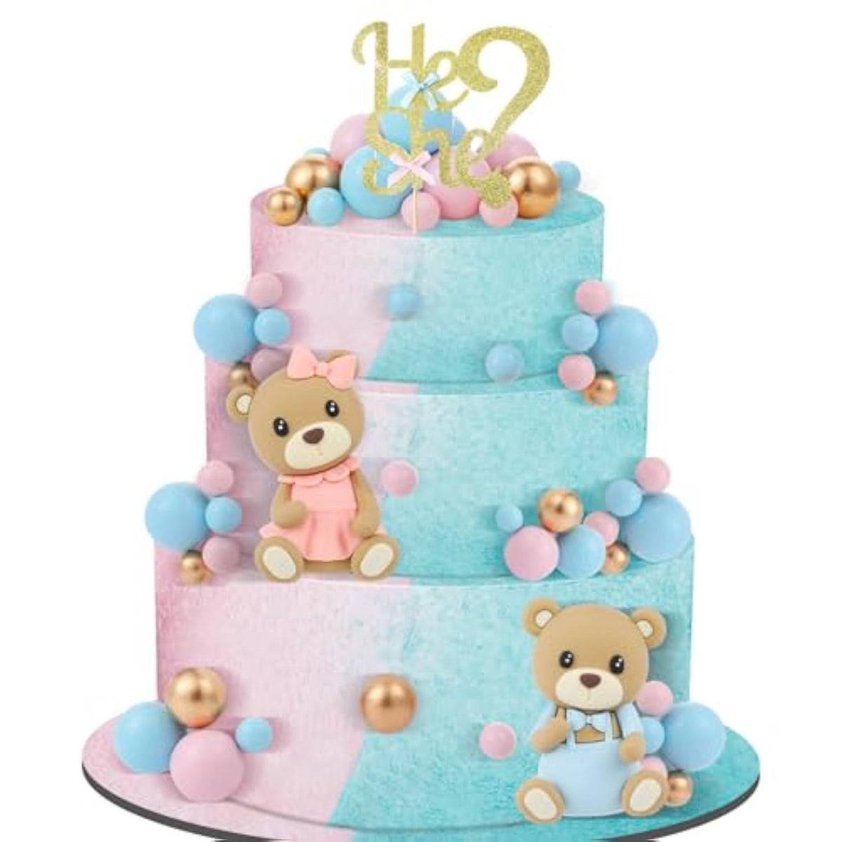 19 Pcs Gender Reveal Cake Topper Set, Includes He Or She Cake Topper Assorted Sizes Ball Picks Cookie Insert Topper Blue Pink Cupcake Topper For Boys And Girls Gender Reveal Baby Shower(Bear)