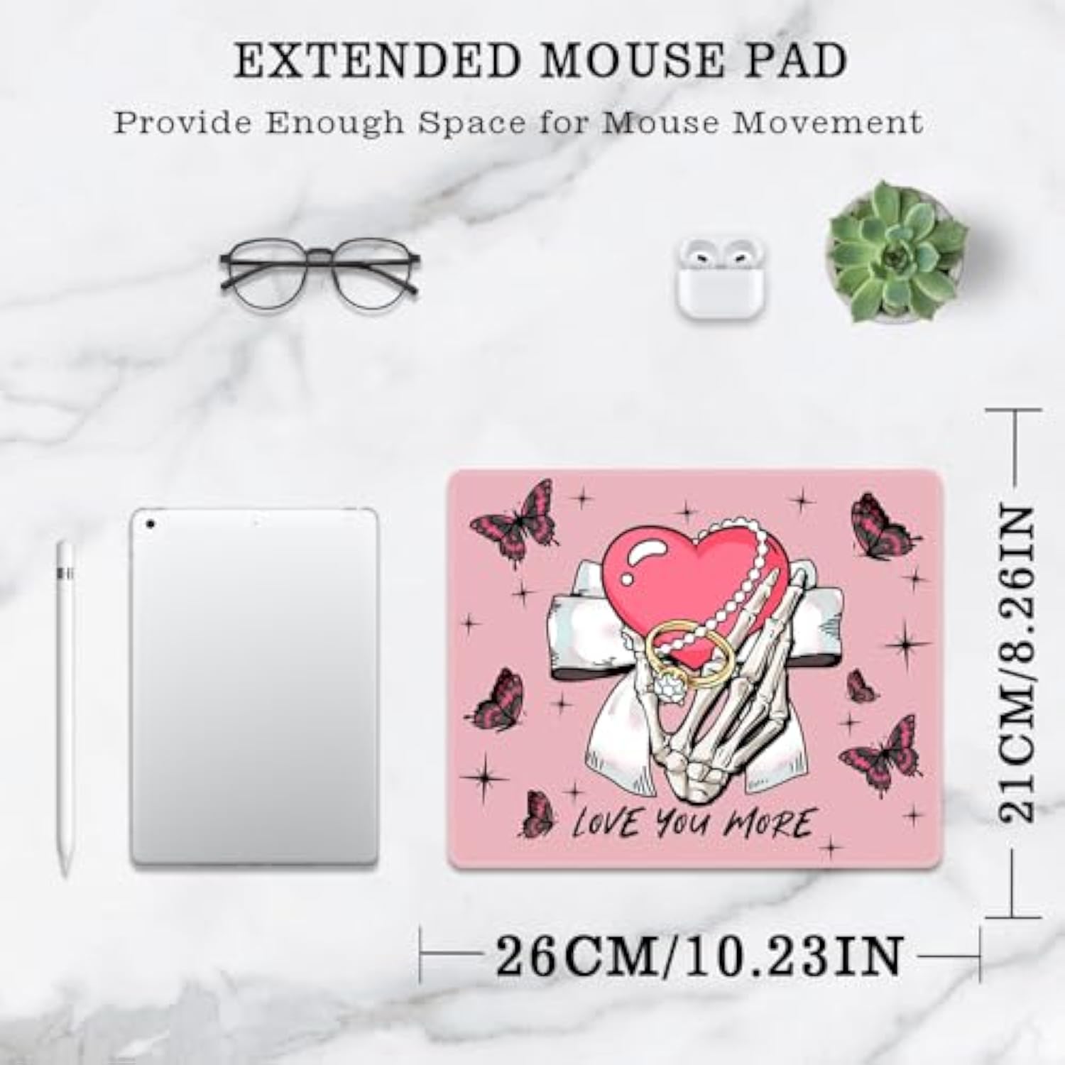 Pink Skull Mouse Pad For Desk Halloween Skeleton Gaming Mouse Pad Non-Slip Flower Butterfly Keyboard Pad Desk Pad Home Office Working Accessories 10.2 * 8.3In,(Gothic Bow)