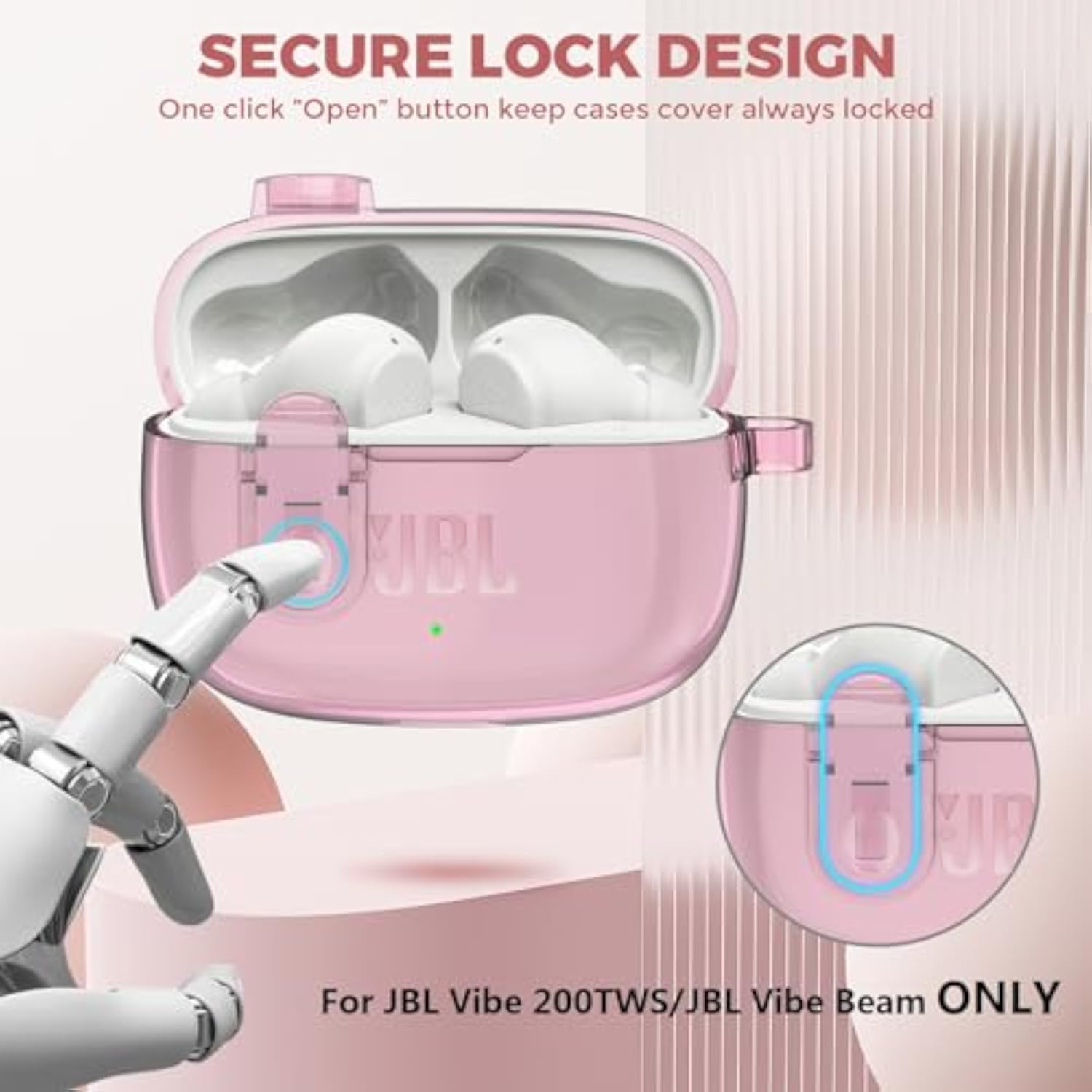 Clear TPU Protective Case with Carabiner for JBL Vibe Beam 2 Charging Case - Compatible with JBL Vibe Beam 2/Beam/Vibe 200TWS - Pink