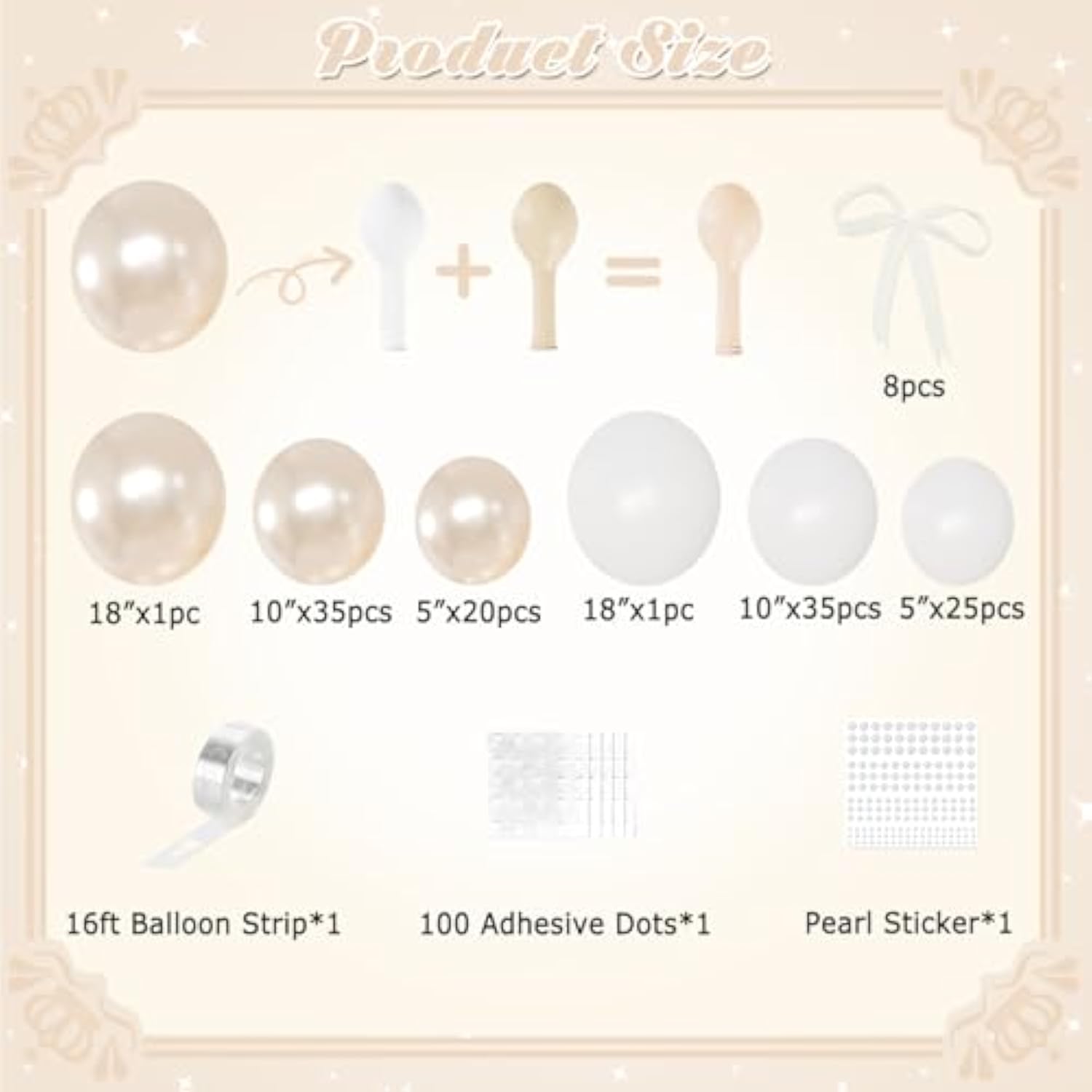 116-Pc Pearl White Balloon Arch Kit with Bows & Pearl Stickers