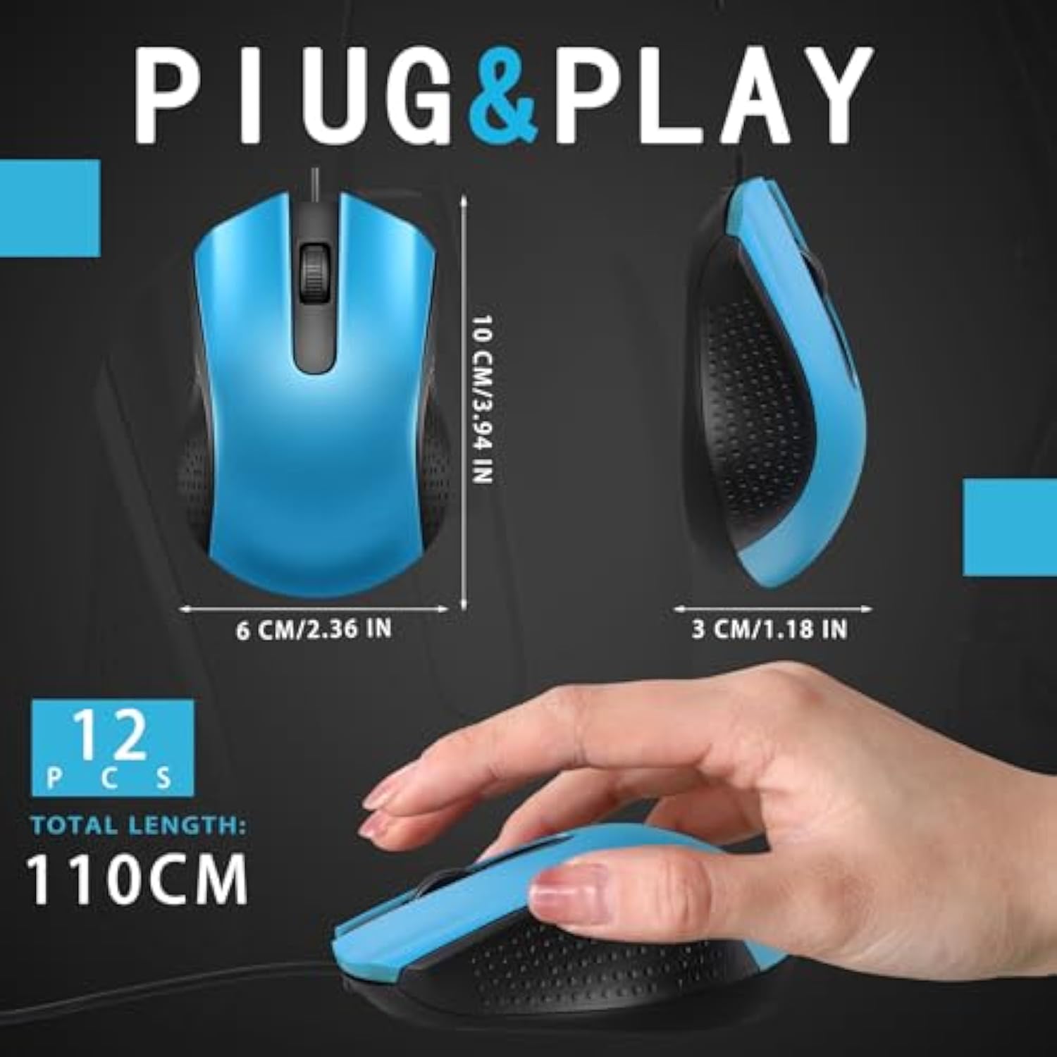 12 Pcs Wired Computer Mouse Bulk Cord Usb Computer Mice Ergonomic Wired Mouse For Pcs, Computers, Laptops, Gaming Office Home Supplies (Light Blue)