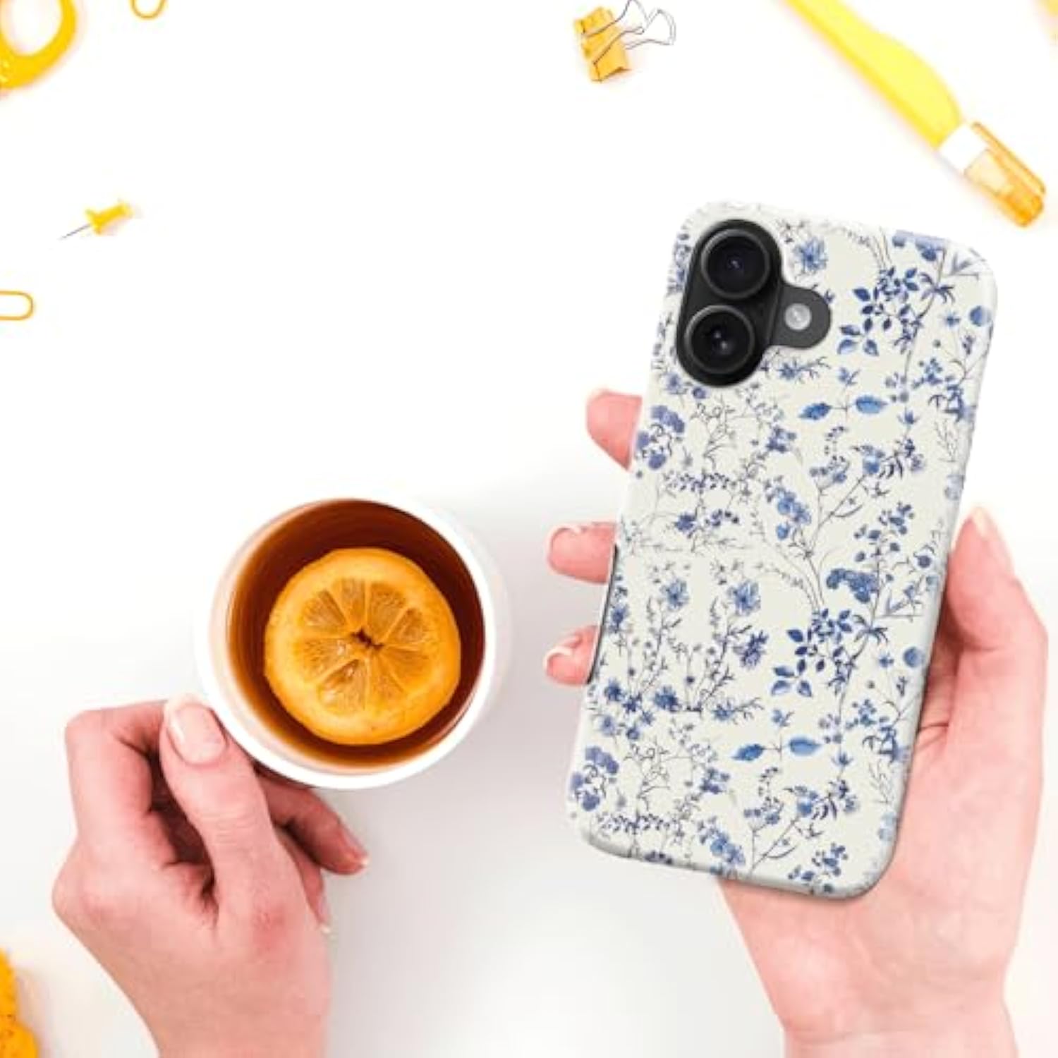 For Iphone 16 Case - Wireless Charging Compatible - Dual-Layer Hard Shell & Silicone Cover - Shockproof Protective Phone Case With Trendy Cute Designs For Women - Elegant Blue Flower