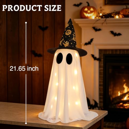 2 Pack Halloween Ghost Decorations, 21.7 Inch Lighted Halloween Decorations, Battery Operated Tabletop Ghost Decor with Witch Hats for Mantel Fireplace Table Entryway Indoor Party Office Home Decor