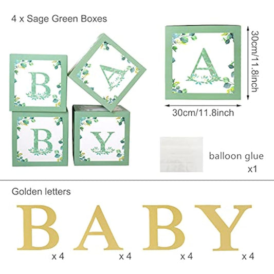 Sage Green Baby Boxes With Letters For Baby Shower - 4 Pcs Baby Balloon Party Boxes Blocks For Boy Girl Birthday Party Favors,Gender Reveal ,Safari Baby Shower Decorations