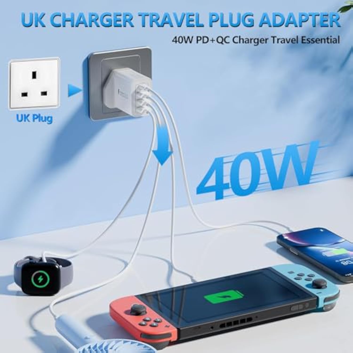 Uk Usb Charger, 40W 4-Port Uk Travel Plug Adapter Uk Usb Charger Block Ireland Uk Plug Adapter Pd20W Qc3.0 Fast Charging Block For Iphone 16 15 14 13 12 11, Galaxy, Lg, Pixel, Tablet