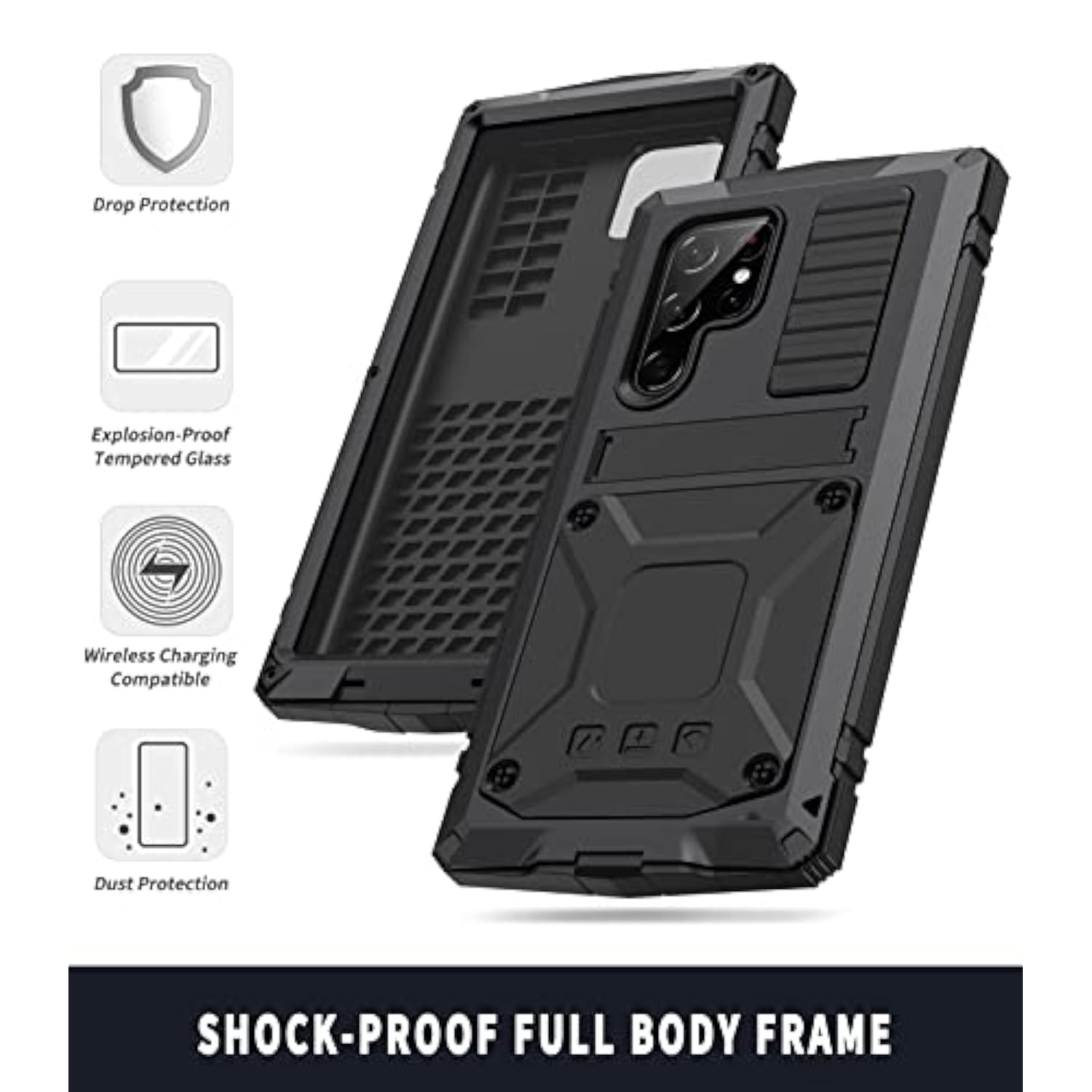 Samsung S22 Ultra Metal Case With Screen Protector Camera Protector Military Rugged Heavy Duty Shockproof Case With Stand Full Cover Tough Case For Samsung S22 Ultra (S22 Ultra, Black)