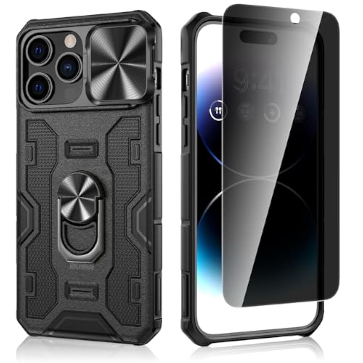 For Iphone 14 Pro Max Privacy Case With [Anti-Peep Screen Protector]- Phone Case Built-In Slide Camera Cover & Ring Kickstand, Heavy Duty Drop Protection For 14 Pro Max Iphone Case-Black