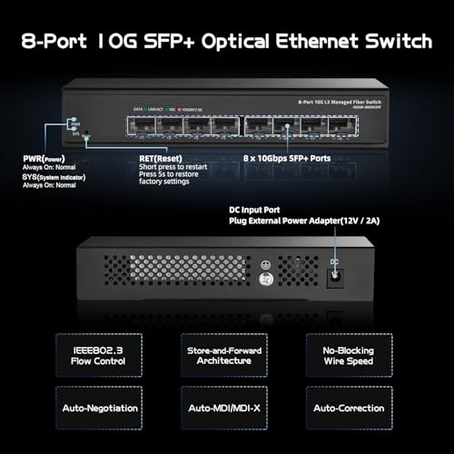 8 Port 10 Gigabit Sfp+ Managed Switch, Supports 1G/10G Sfp+ Module, 160Gbps Bandwidth, Web L3 Managed, Fanless Fiber Desktop Network Switch Metal