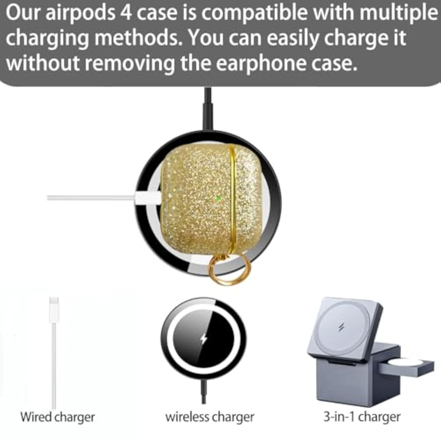Cute Glitter AirPods 4 Case for Women with Keychain, Bling Hard Airpod iPods 4 Cases, Sparkly Rhinestone Air Pods 4 Generation Case for Women Girl, Model A3058/A3059 (Gold)