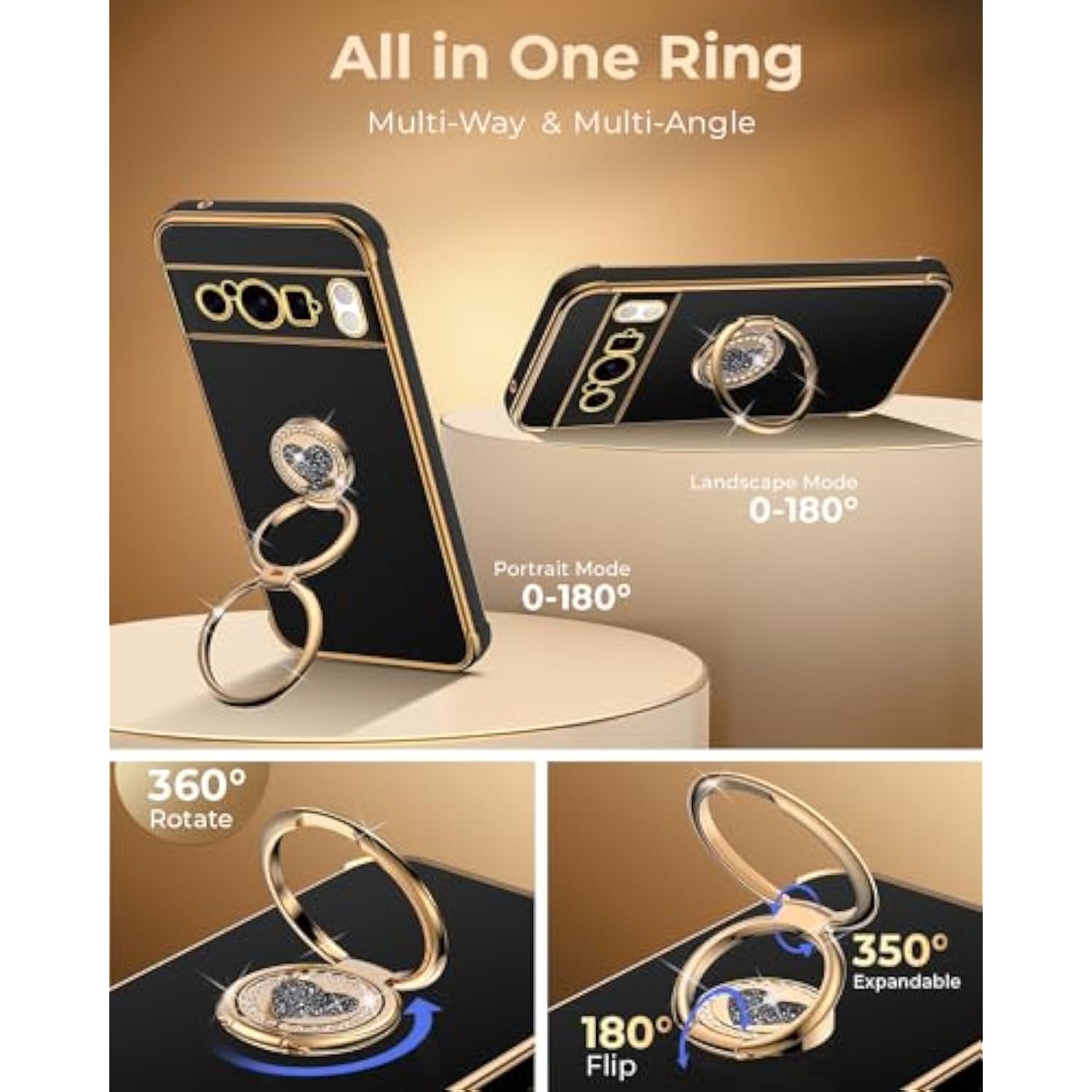 For Pixel 9 Pro Xl Case With Stand, Phone Case With Double Ring Kickstand, Women Girls Cute Love-Heart Luxury Bling Protective Cover For Google 9 Pro Xl, Black