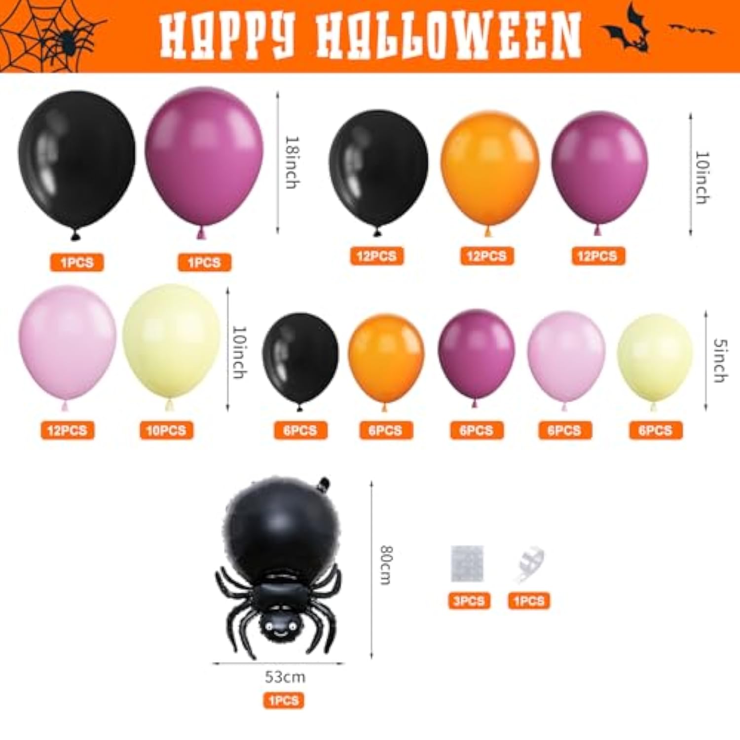 Halloween Balloon Arch Kit – Black Orange Pink with Spider, Ghost & Bat Balloons
