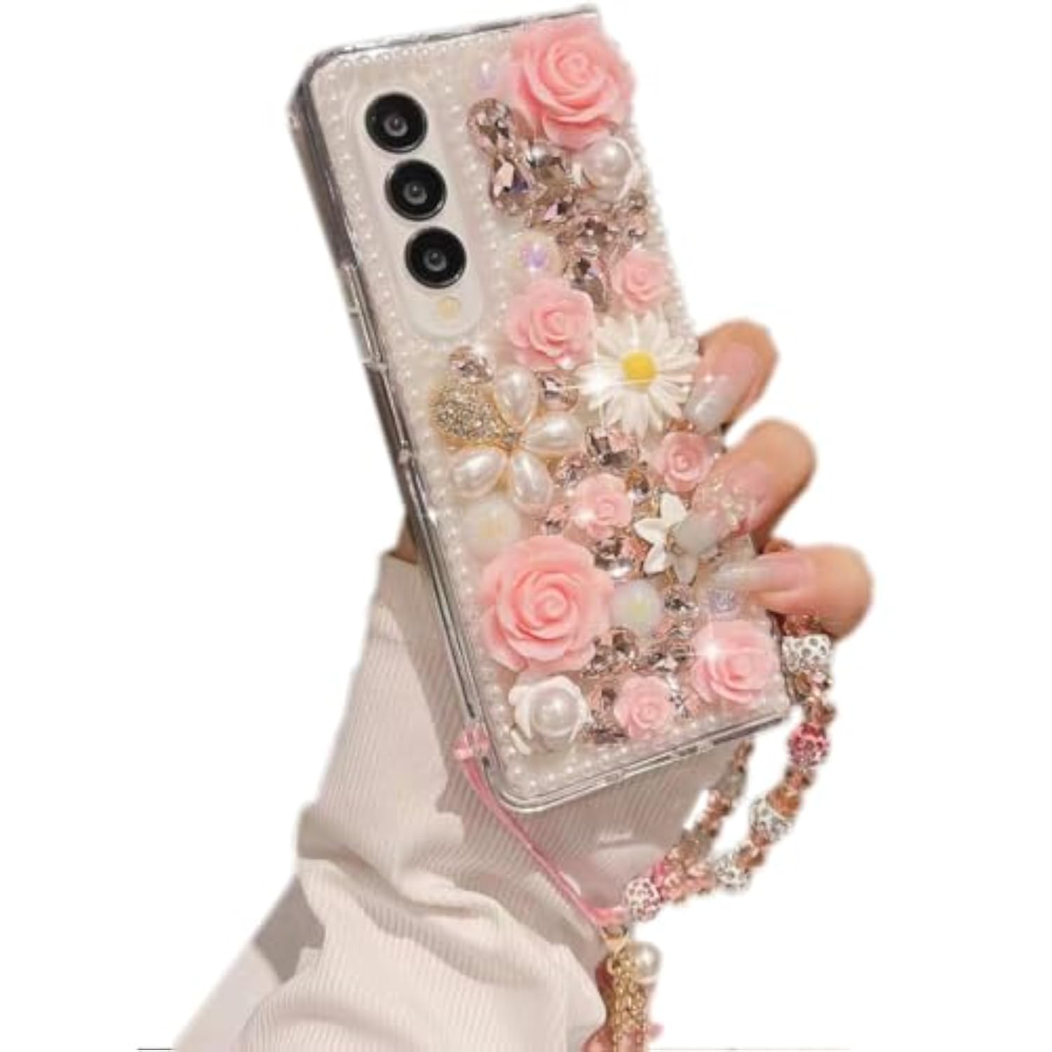 Luxury Crystal Rhinestone Flowers Glitter Diamond Pearl Cover Case for Samsung Galaxy Z Fold 7 5G with Flower Strap