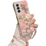 Luxury Crystal Rhinestone Flowers Glitter Diamond Pearl Cover Case for Samsung Galaxy Z Fold 7 5G with Flower Strap