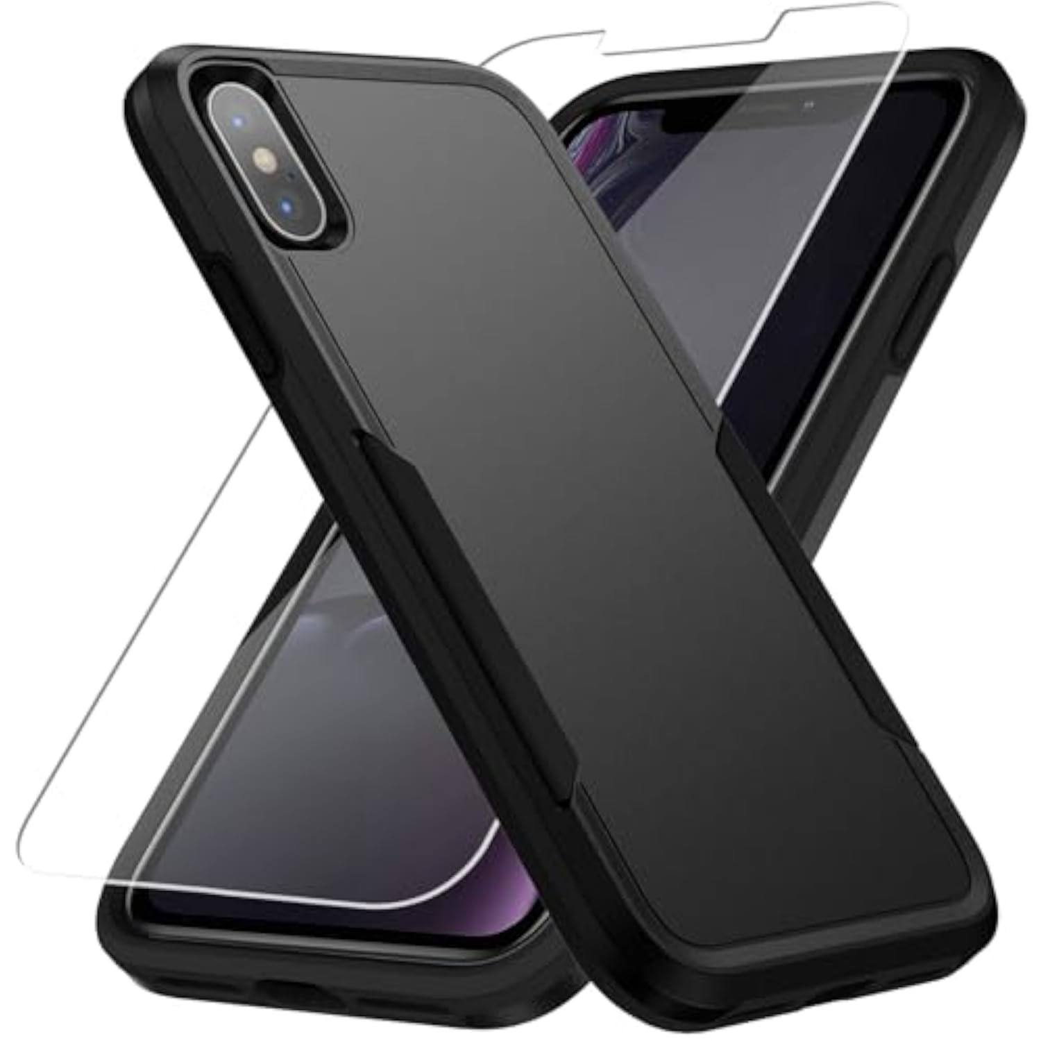 Heavy-Duty Tough Rugged Shockproof Protective Case for iPhone X/Xs with HD Screen Protector, Black