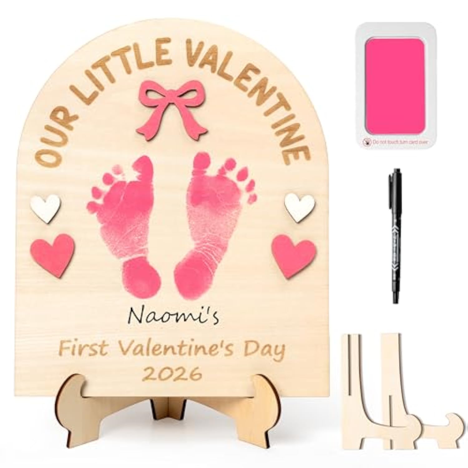 3D Baby'S First Valentine Footprint Or Handprint Art Sign Craft, Our Little Valentine Pink Bow Diy Wooden Hanging Decoration, Newborn Keepsake Gift For Valentine'S Day Photo Prop Nursery Decor
