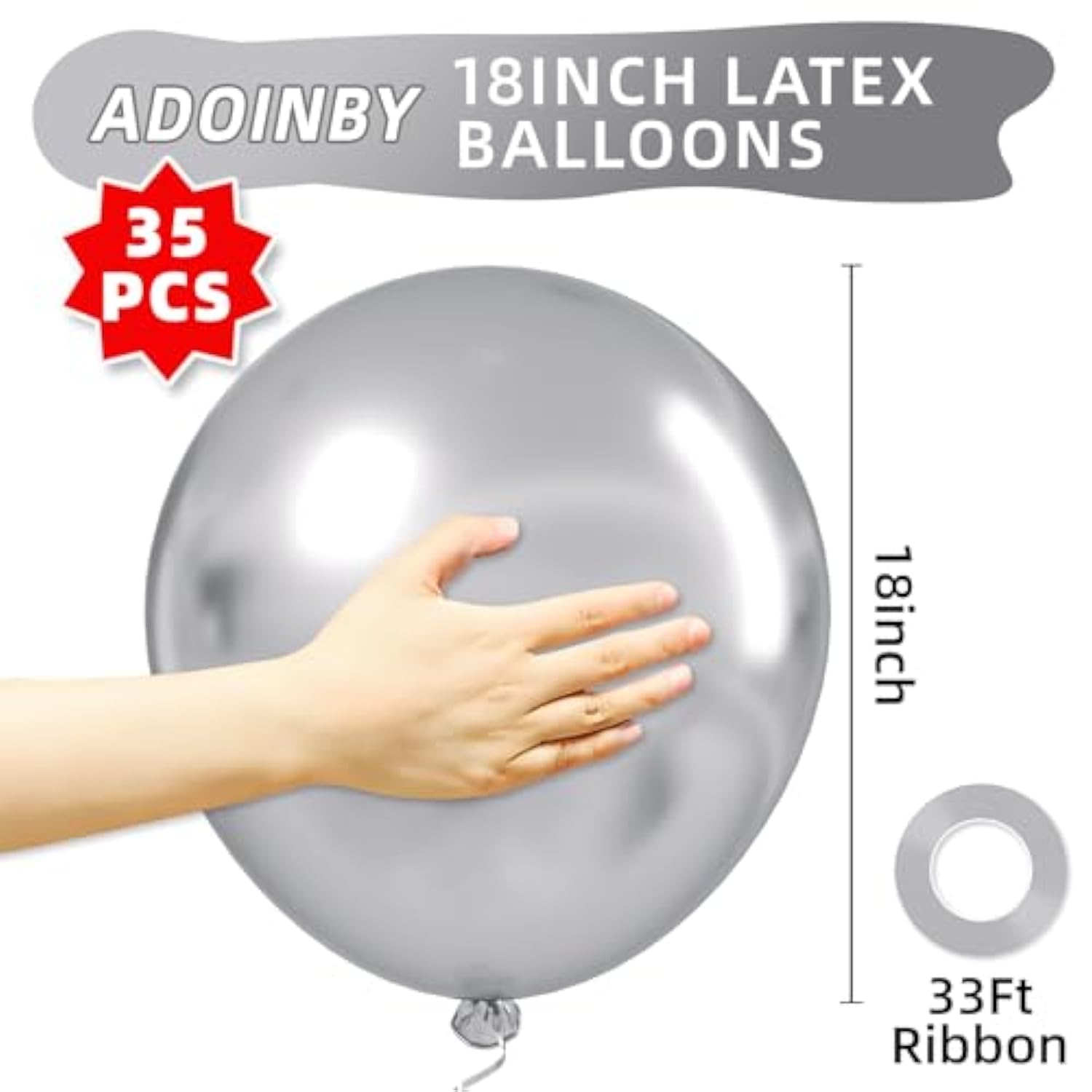 35pcs 18" Metallic Silver Chrome Balloons – Thick, Large for Weddings, Birthdays & Parties