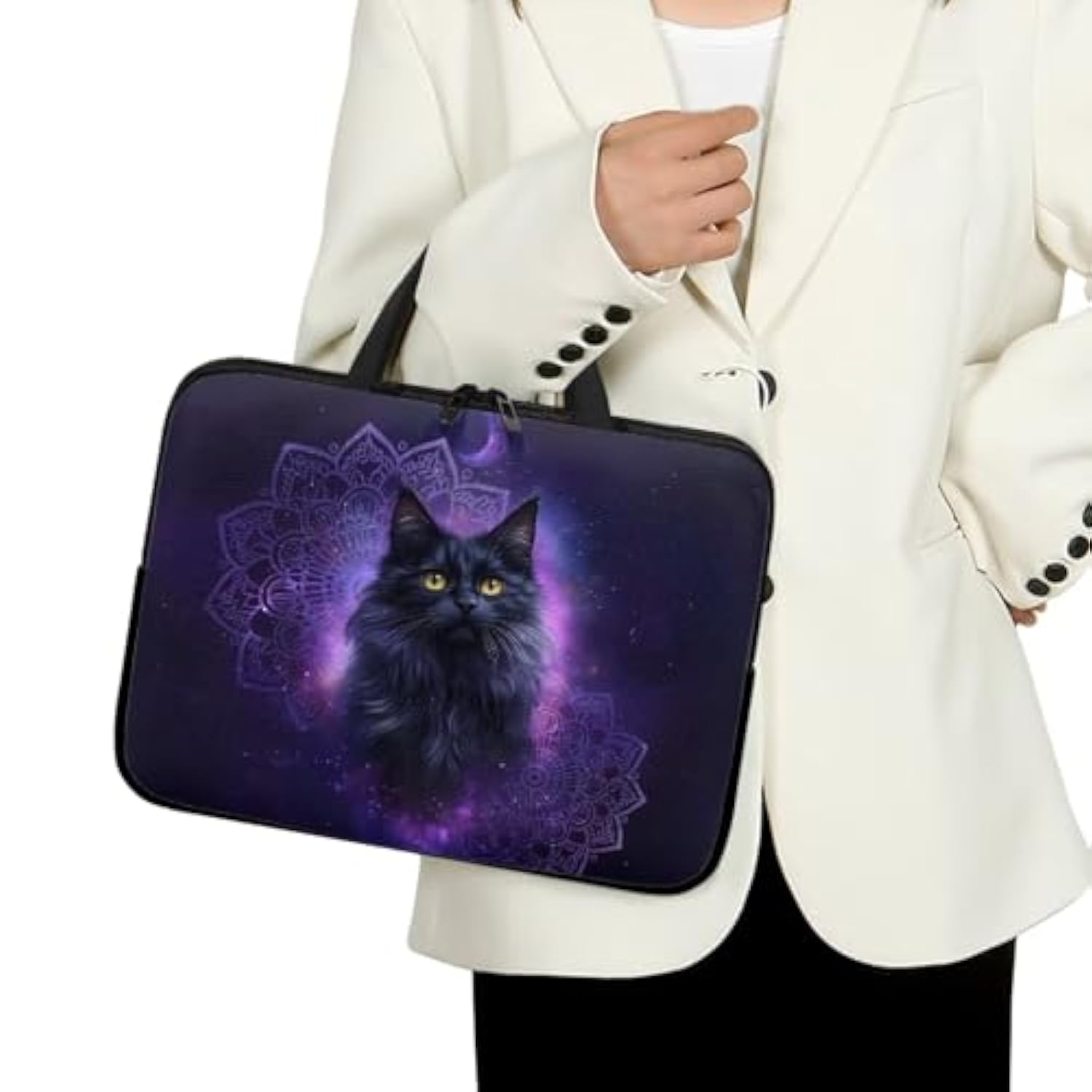 Laptop Sleeve Case With Handle Computer Cover Bohemian Purple Black Cat Print Laptop Case Compatible With 10-17 Inch Tablet For Women Men 360° Protective Carrying Bag Briefcase, 17Inch