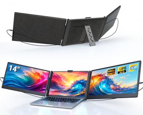 Laptop Screen Extender, 14" Triple Portable Monitor For Laptop, 1080P Fhd Ips Screen Extender Monitors For 13"-17", Travel Monitor For Mac/Windows/Chrome, Built-In Speakers