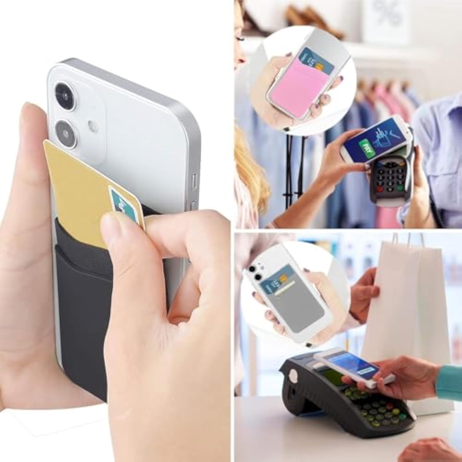 Phone Card Holder, 4 Pack Cell Phone Wallet Stick-on Credit Card Sleeve Pocket Silicone Pouch Compatible for iPhone, Samsung Galaxy and Most Smartphones
