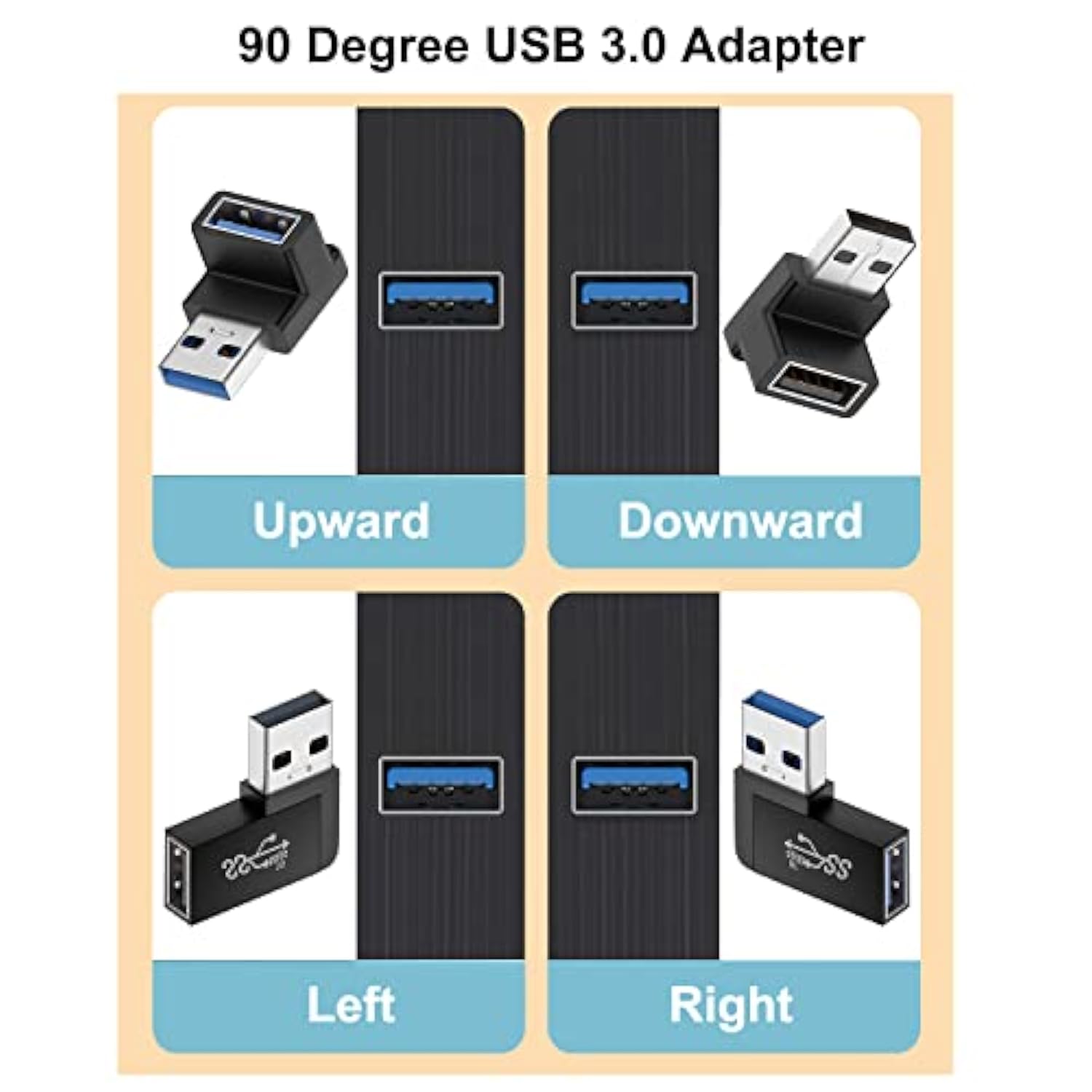 90 Degree Usb 3.0 Adapter (4 Pack), Vertical Up And Down Angle, Horizontal Lef