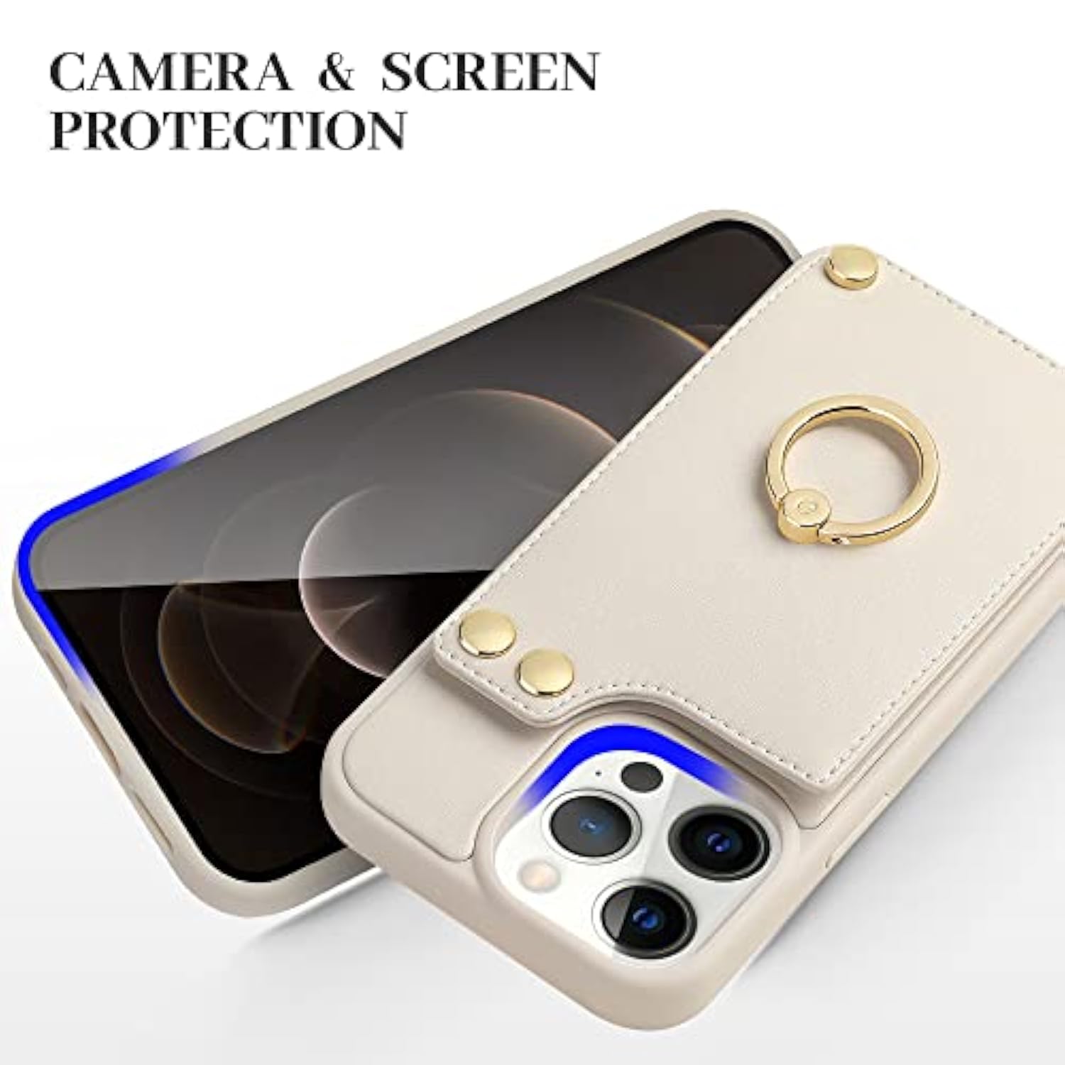 For 12 Pro/12 Wallet Case 6.1'', Leather Case With Card Holder, 360°Rotation Ring Stand, Rfid Blocking Protective Cover For Women For 12/12 Pro Beige