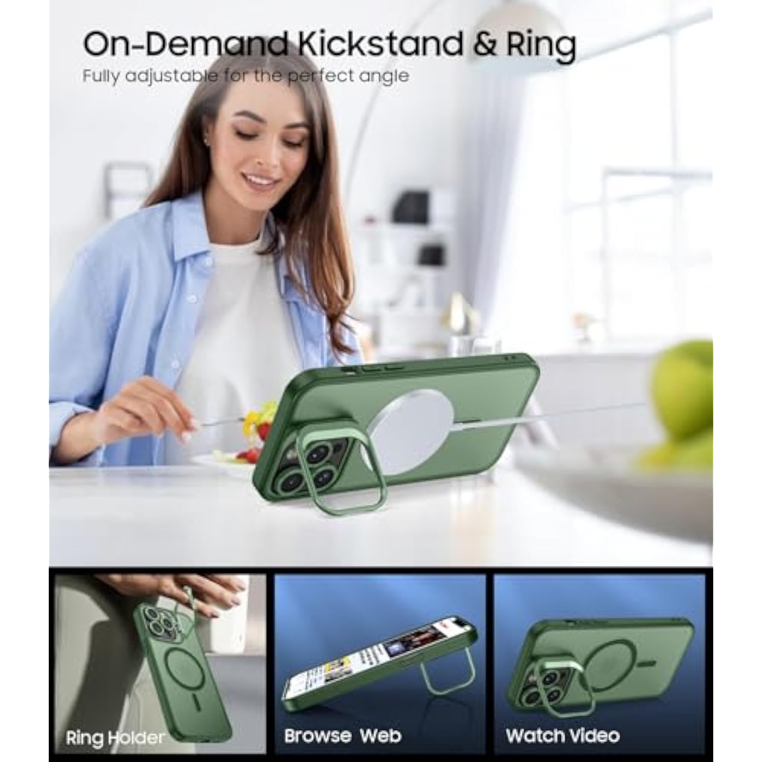 For Iphone 14 Pro Max Case, Compatible With Magsafe, Built-In Camera Ring Stand, With Individual Camera Cover, Translucent Matte Military-Grade Drop Protection Magnetic Case, Green