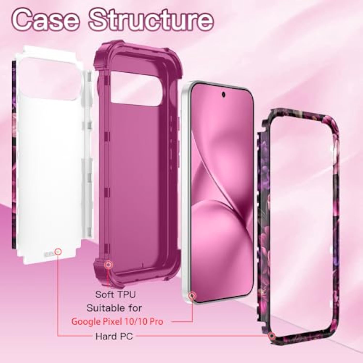 For Google Pixel 10/10 Pro Case, Floral Shockproof Rugged Heavy Duty 3 In 1 Hybrid Sturdy High Impact Protective Cover, Magenta