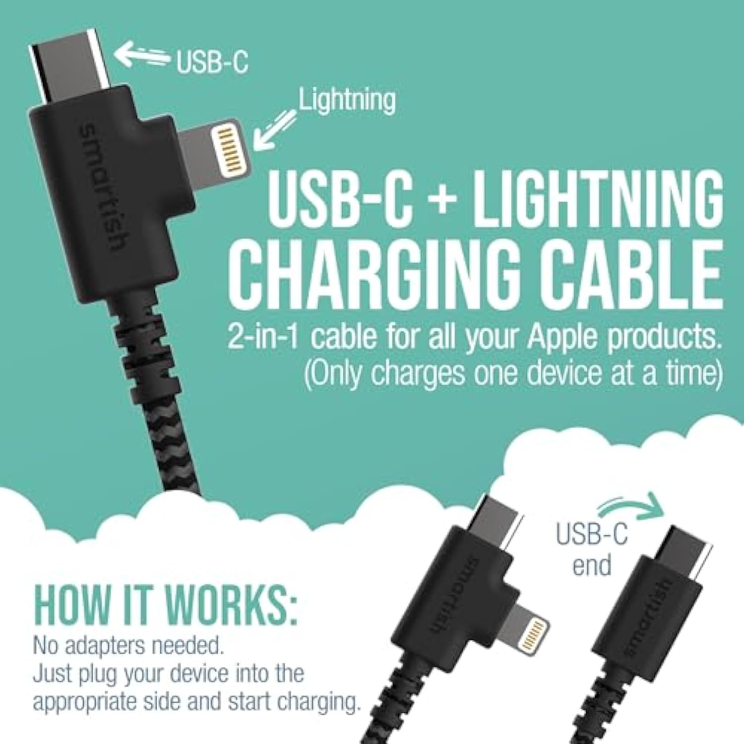 2 In 1 Usb C To Usb C/Lightning Cable - Crown Joule - 6 Ft Fabric Wrapped Fast Charging Cord - For Iphone, Galaxy, Pixel - 100W Dual Fast Charger For Phones/Laptops - No. 2 Pencil Gray