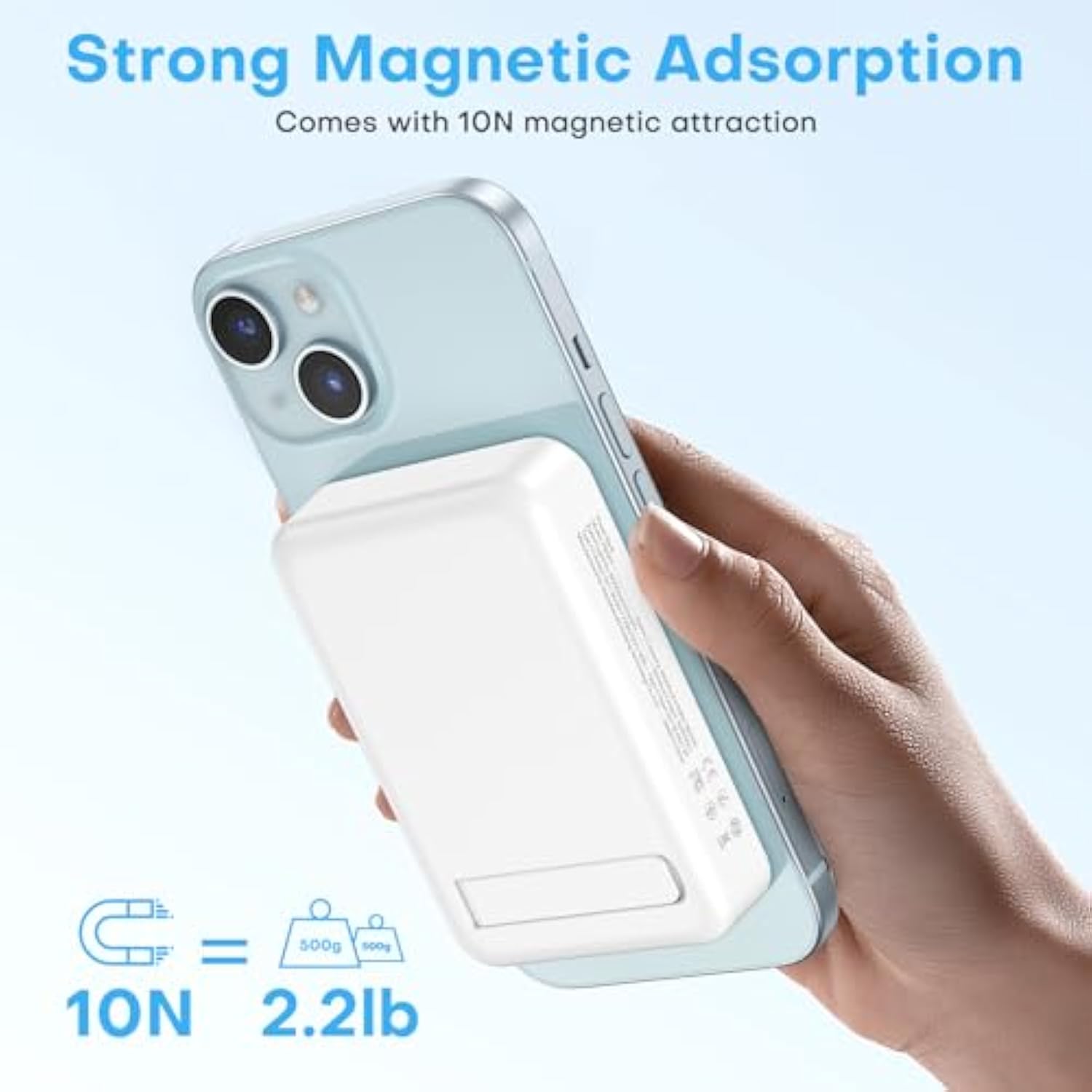 OMOTON Portable Charger Power Bank - 10000mAh Magnetic Fast Charging Battery Pack for iPhone 15 (Above 11 Series), LED Display Indicators and Foldable Stand- Blue
