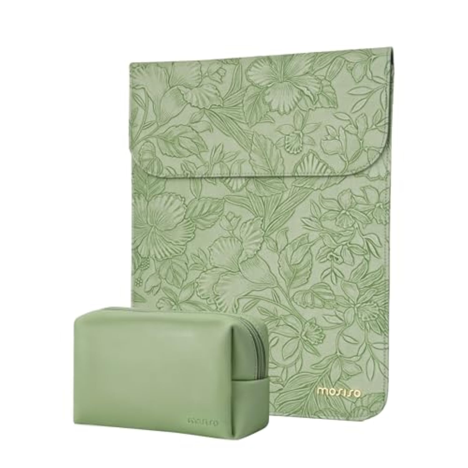 MOSISO Laptop Case 13 inch, 13 inch Laptop Sleeve Compatible with MacBook Air M4 M3 M2 M1 2025-2018 / Pro M2 M1 2025-2016, Embossed Retro Hibiscus PU Leather Case with Small Bag, Sage Green