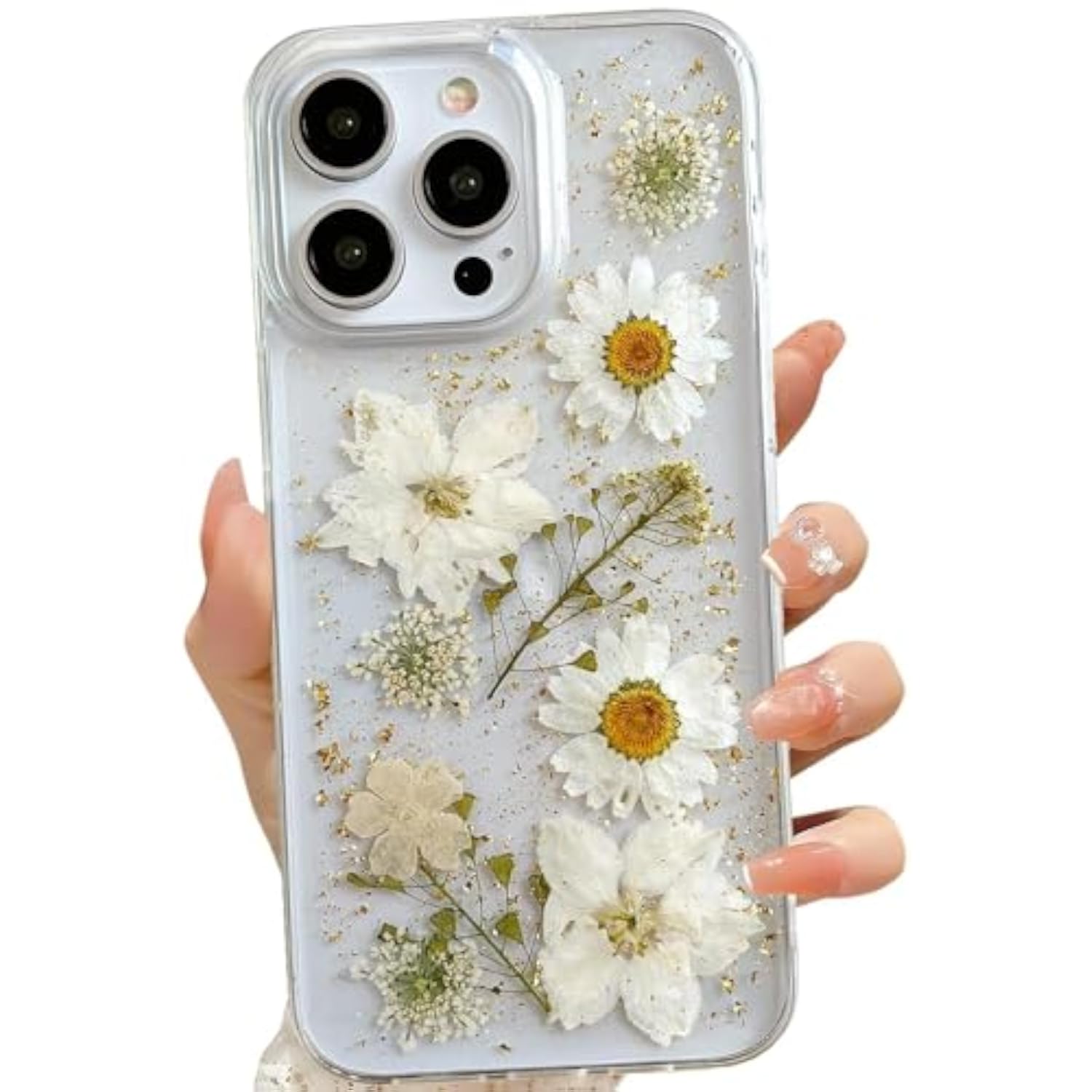 Clear Case with Pressed Real Flowers Design for iPhone 15 Pro Max - Glitter Cute White Floral Pattern Slim Soft TPU Protective Women's Phone Cover