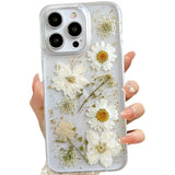 Clear Case with Pressed Real Flowers Design for iPhone 15 Pro Max - Glitter Cute White Floral Pattern Slim Soft TPU Protective Women's Phone Cover