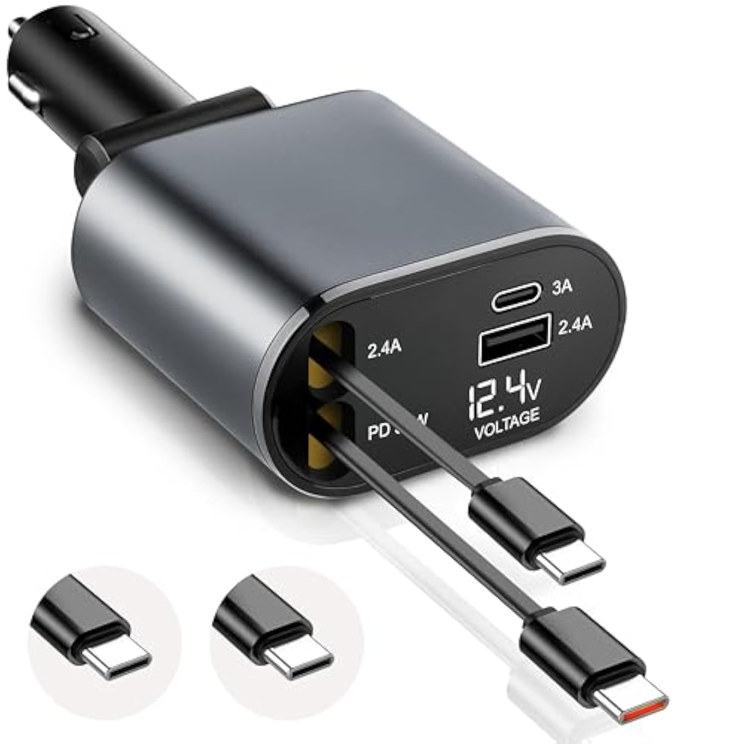 Super Fast 4-In-1 Retractable Dual C Type Car Charger | Pd30W Charger For Multiple Devices | 82 Cm Long, Flexible,Universal & Compact Design | Compatible For Iphones, Samsung & Android Devices