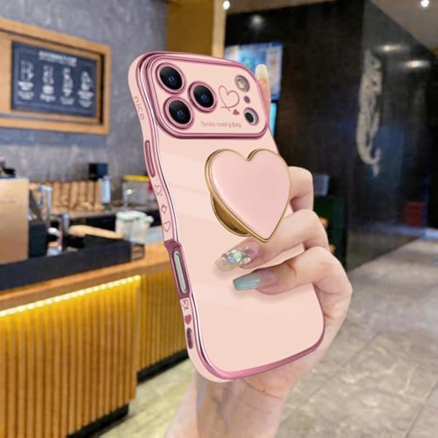 Luxury Wave Frame Curly Shape iPhone 17 Pro Max Love-Heart Holder Case with Soft Shockproof Bumper TPU Protective Cover for Women Girls