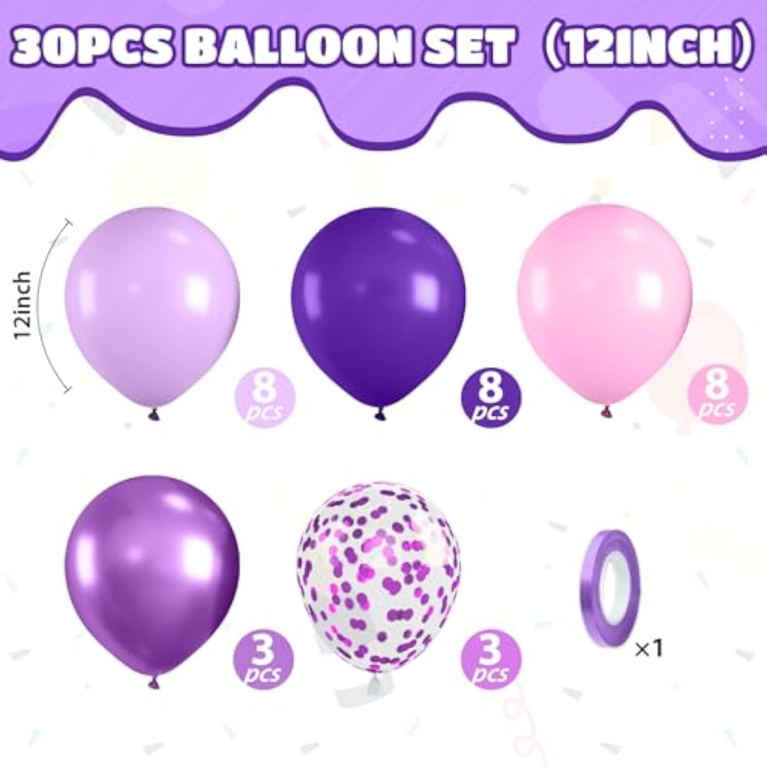 Pink And Purple Balloons, Pink Lavender Dark Purple Metallic Confetti Latex Balloons For Girls Women Birthday Party Baby Shower Bridal Shower Wedding Decorations