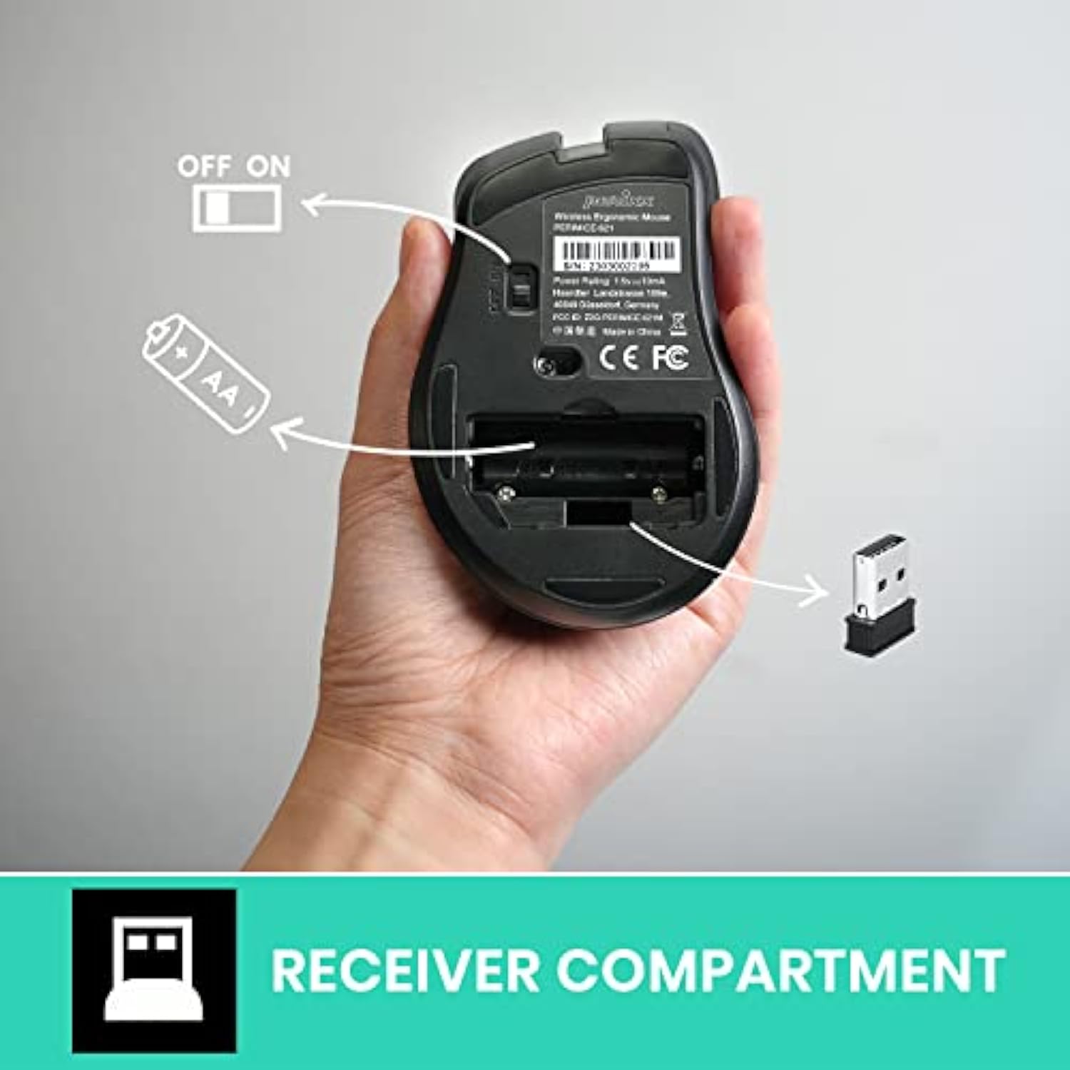 Perixx PERIMICE-621B Wireless Mouse - Silent Click with Ergo Design - Compatib