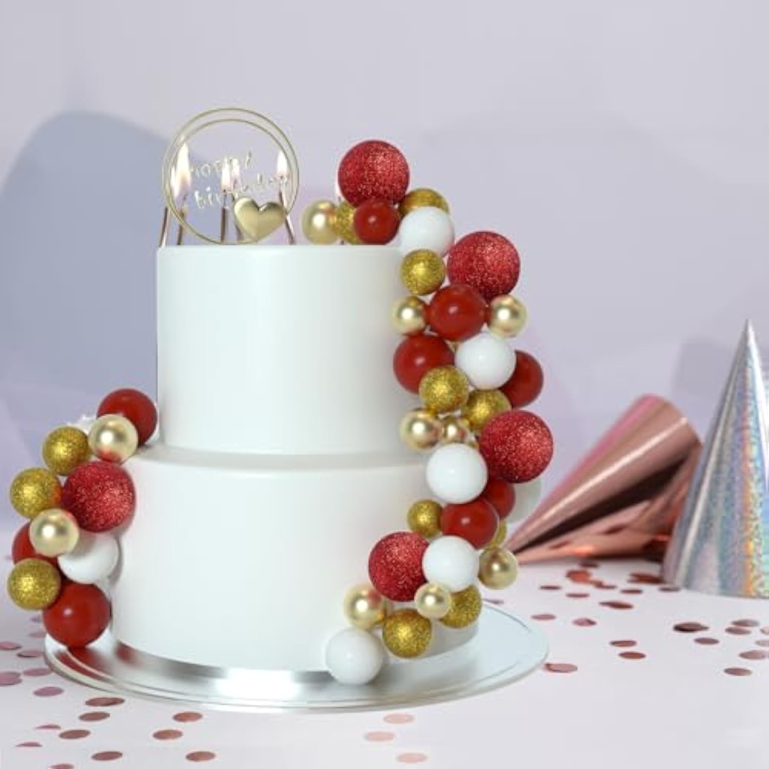 50 Pcs Ball Cake Topper Sticks Mini Balloons For Cake Decorating Supplies Foam Balls For Graduation Cake Birthday Cake Toppers Decorations (Gold?Red Series)