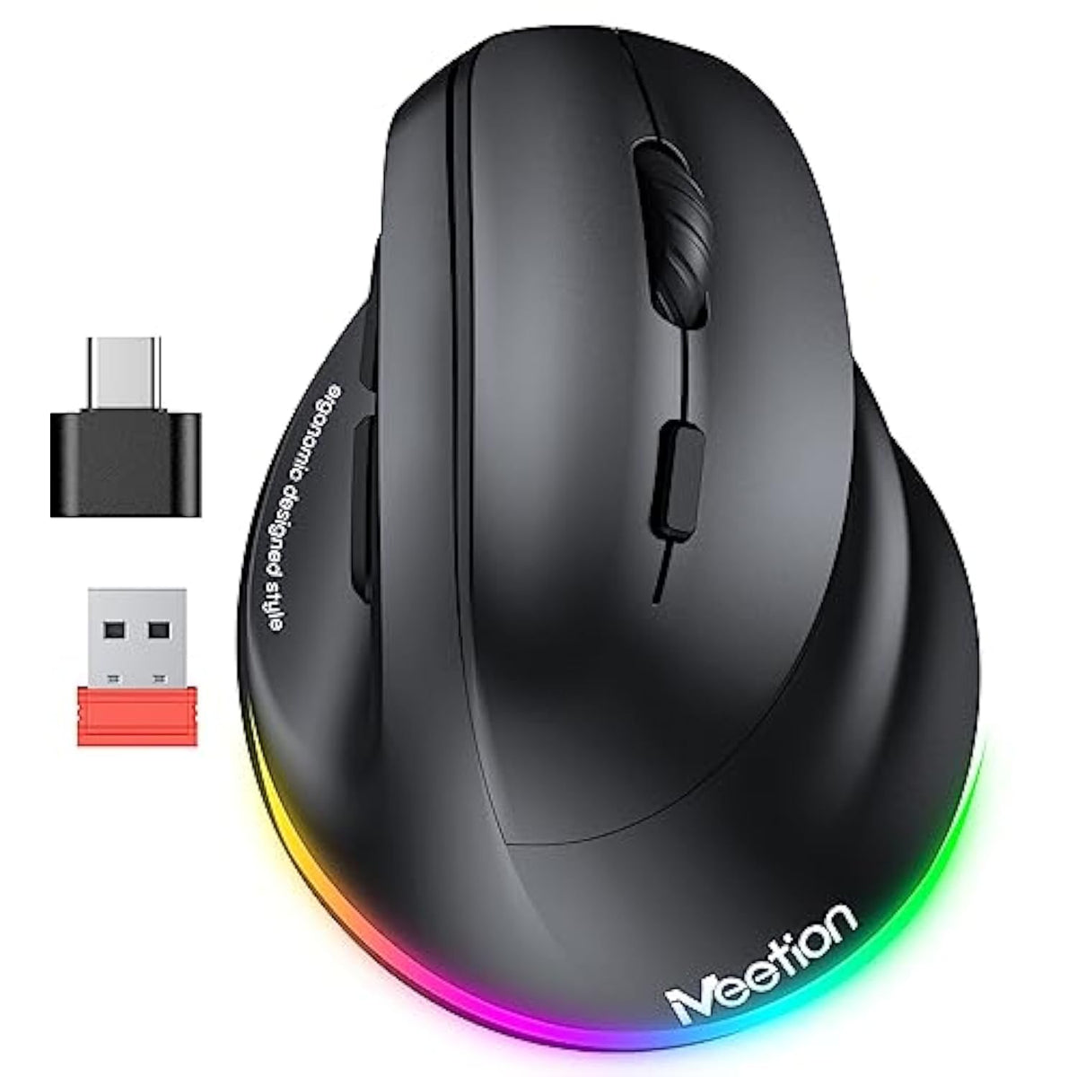 MEETION Ergonomic Mouse, Wireless Vertical Mouse RGB Backlit Rechargeable Mice for Bluetooth(5.2 + 3.0) & USB-A with USB-C Adapter 4 Adjustable DPI for Mac/Windows/Andriod/PC/Tablet/iPad Black